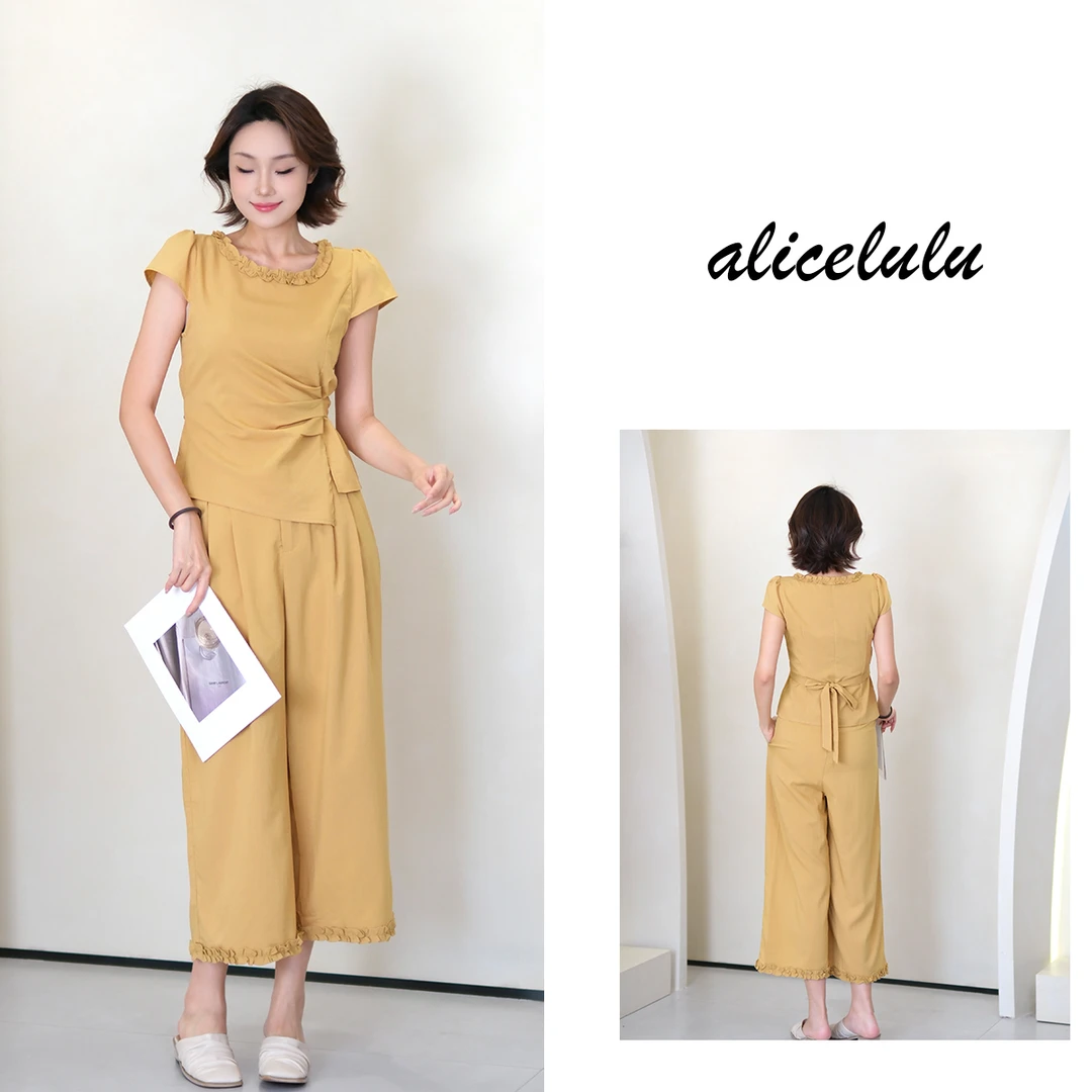 5 [alicelulu]时尚减龄设计感花边衬衫阔腿裤套装S1035112U