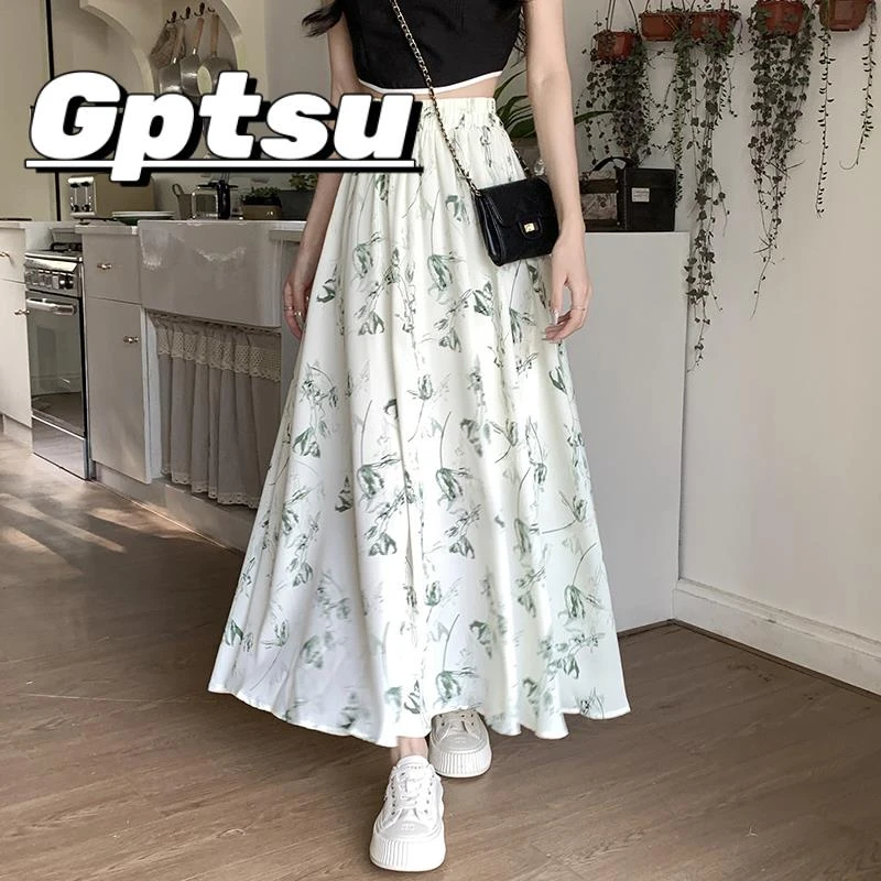 GPTSu雪纺半身长裙女夏季2025新款遮跨大摆伞裙高腰碎花a字半身裙