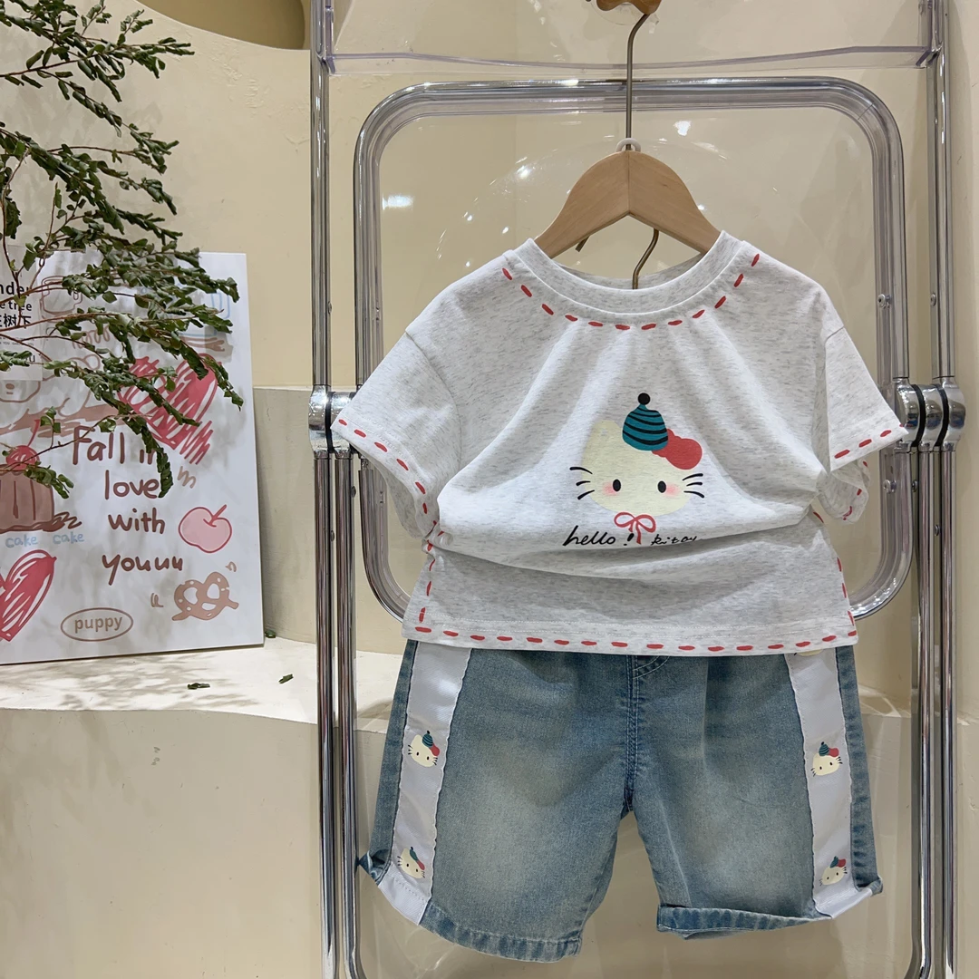 【童话房子】女童可爱短袖t恤夏季新款洋气儿童女宝卡通牛仔裤套装