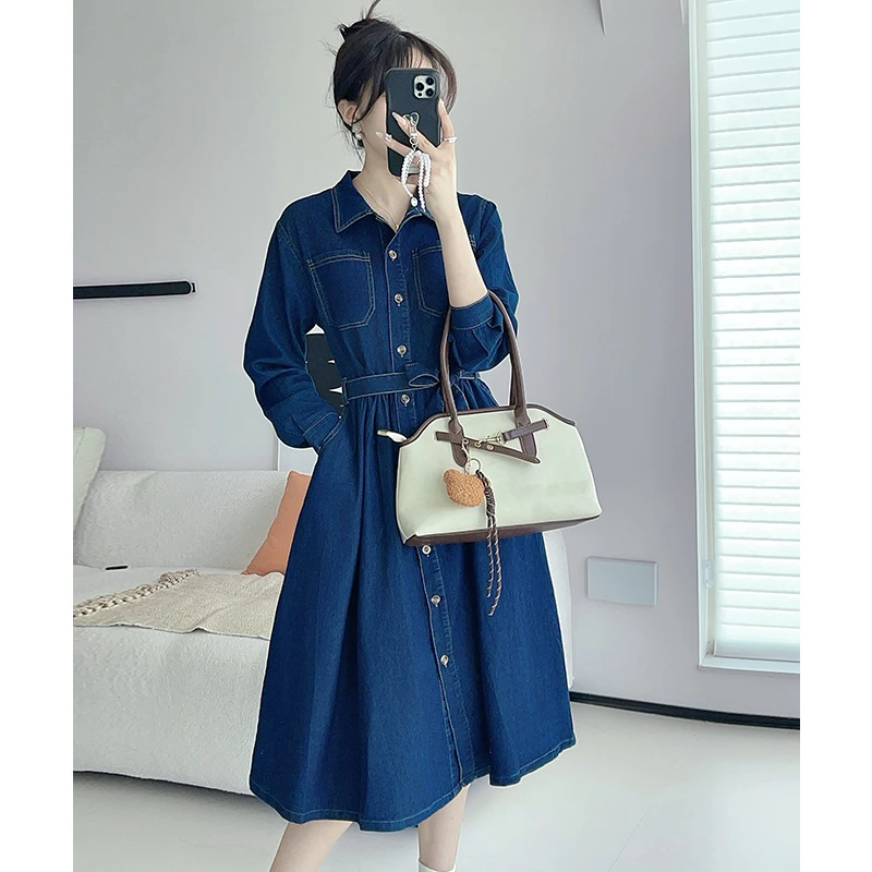 高级感收腰显瘦气质长裙春秋新款赫本a字裙温柔法式牛仔连衣裙女