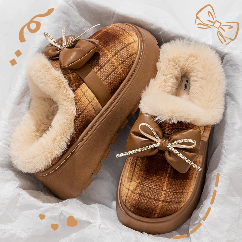 可爱蝴蝶结棉拖鞋女款秋冬季2025新款室内家用毛绒保暖防滑棉拖女