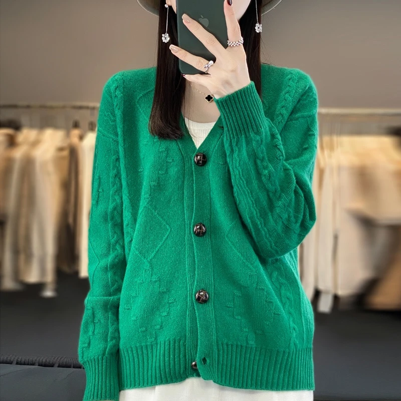 涵玖玥【100羊毛】菱格V领开衫轻奢感精致外套上衣泡07-084