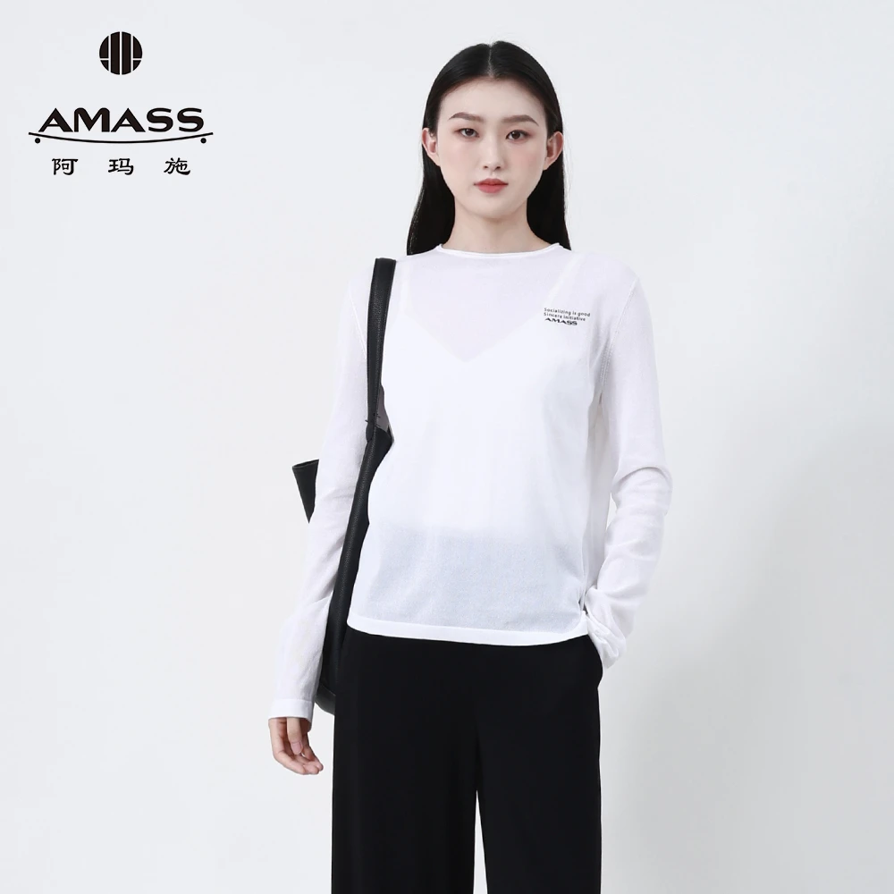 阿玛施AMASS简约白色舒适印花圆领透视罩衫长袖套头针织衫538016