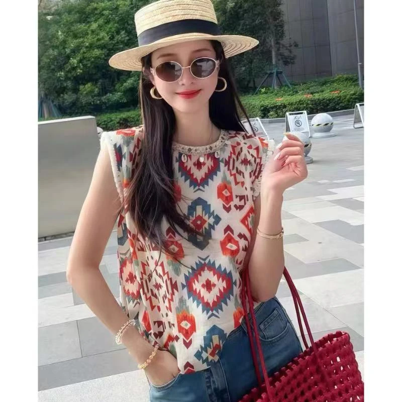 甜美海边度假风无袖背心小衫女 超美的印花衬衫