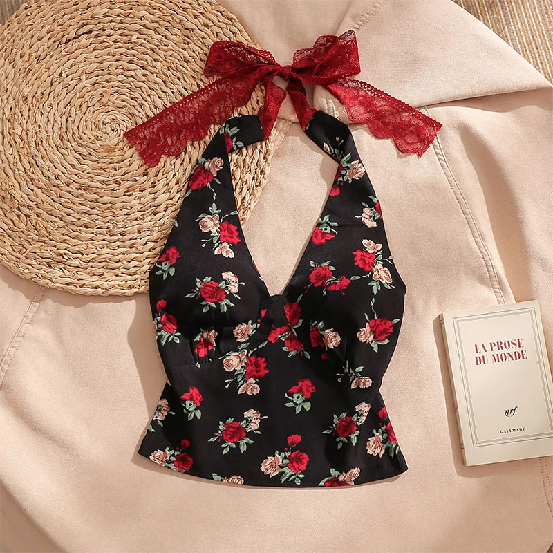 法式复古碎花V领挂脖吊带背心女夏季新款辣妹修身显瘦外穿短上衣