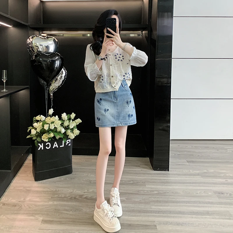 甜酷休闲时尚套装女夏2025新款洋气拼接针织长袖薄款上衣牛仔短裙