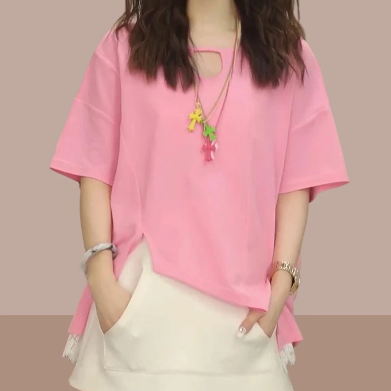 香朵儿简约风流行别致假两件2025夏季蕾丝不规则下摆水滴领T恤女