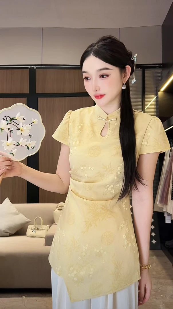 重工刺绣花竹叶暗影中式国风后系带中长小衫