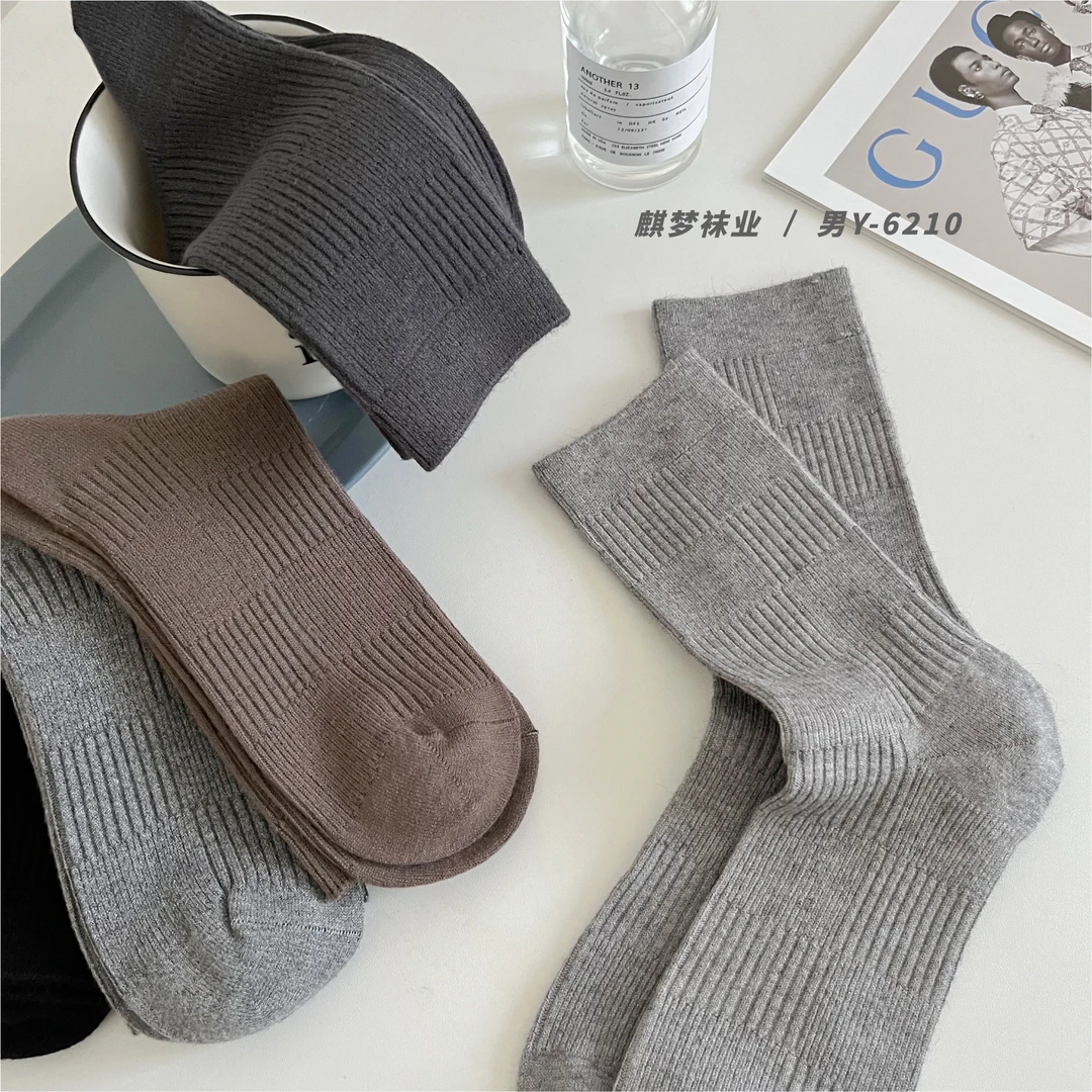 男袜格子格纹羊绒男士秋冬保暖中筒袜 加厚羊绒双针中筒袜