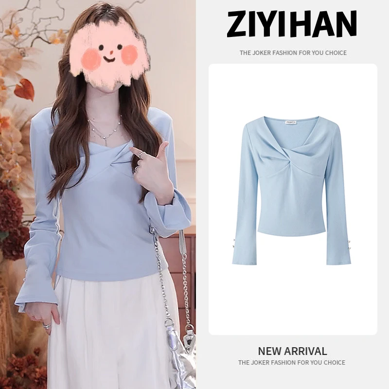 法式V领扭结气质长袖T恤女早秋新款设计感修身显瘦百搭打底衫上衣