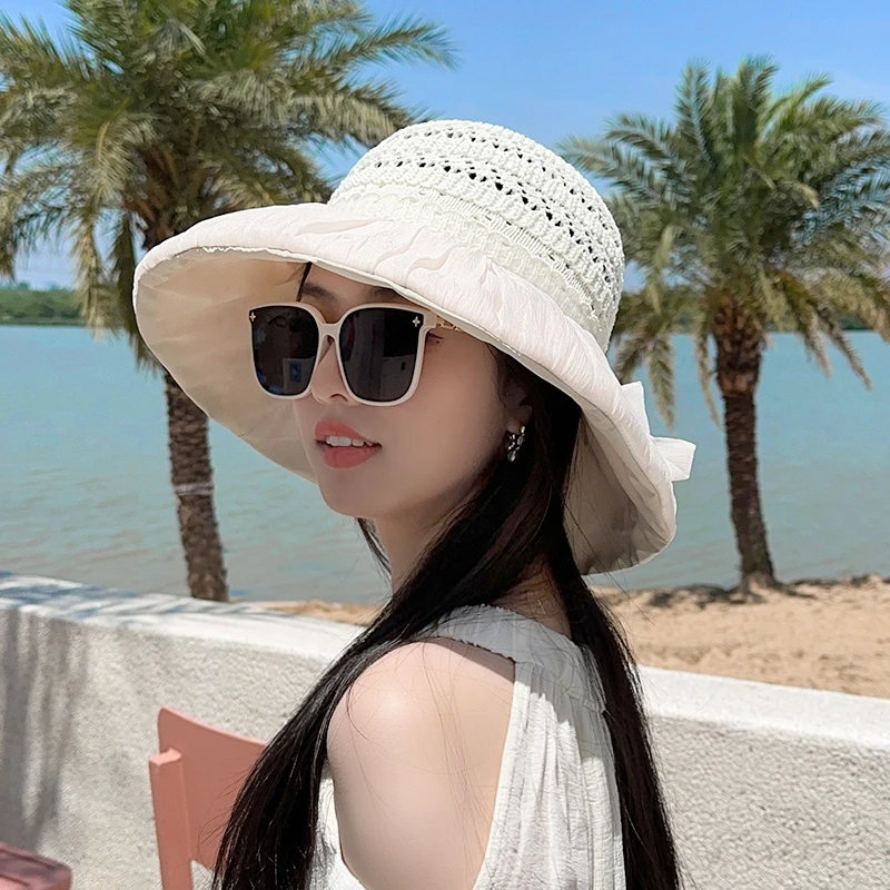韩版甜美大帽檐彩胶防晒帽女2025新款夏季海边沙滩度假草编渔夫帽