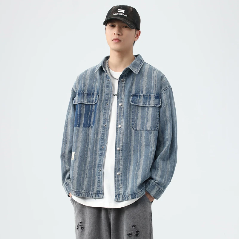 牛仔复古工装衬衣休闲简约男衬衣外套春秋上衣夹克休闲男士长袖