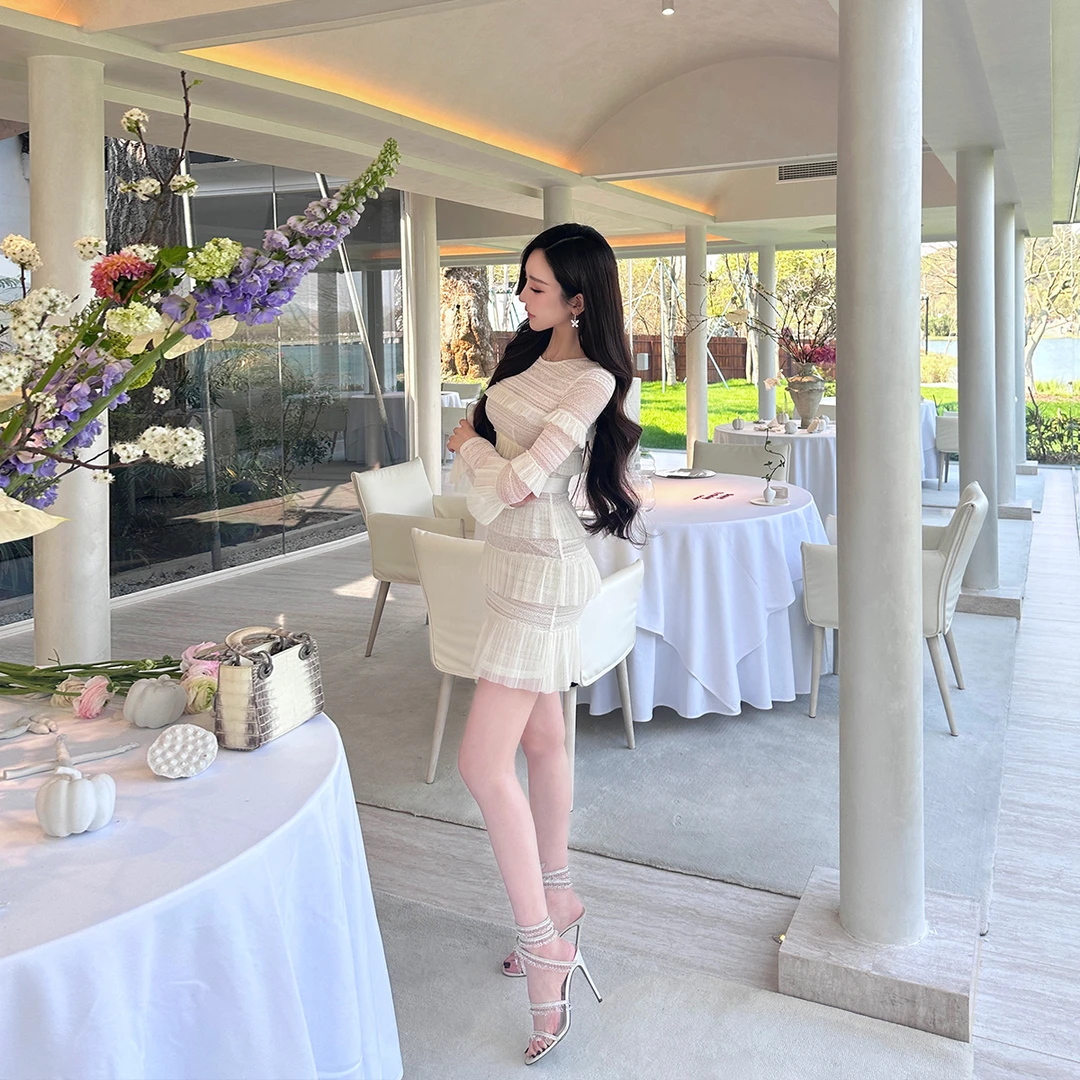 SX善喜法式浪漫蕾丝网纱压绉小香风连衣裙女修身弹力优雅甜美长裙