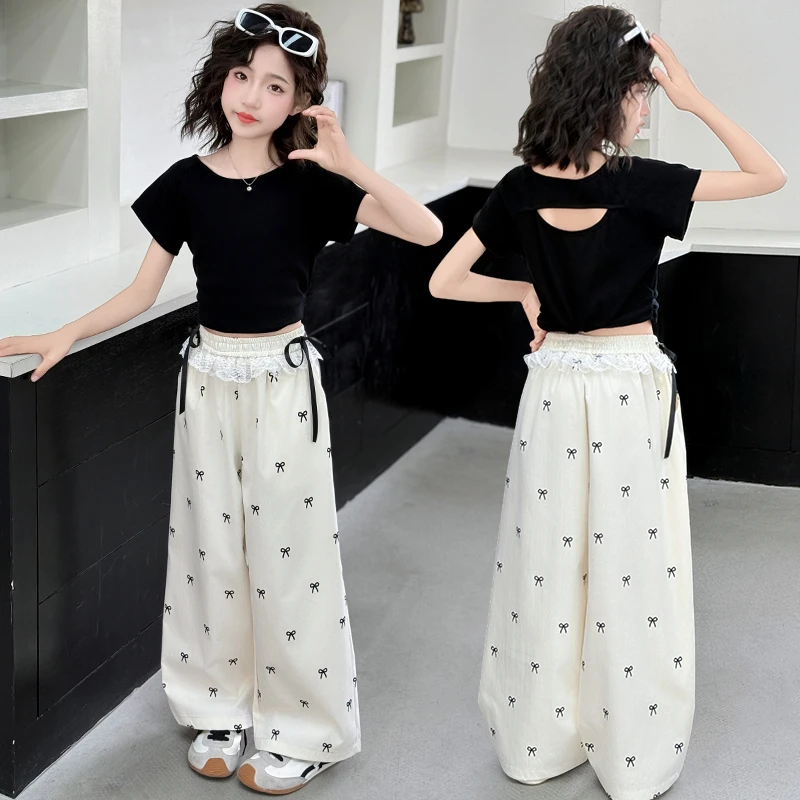 女童夏季套装2025新款洋气中大童时髦露背收腰短袖薄款休闲阔腿裤