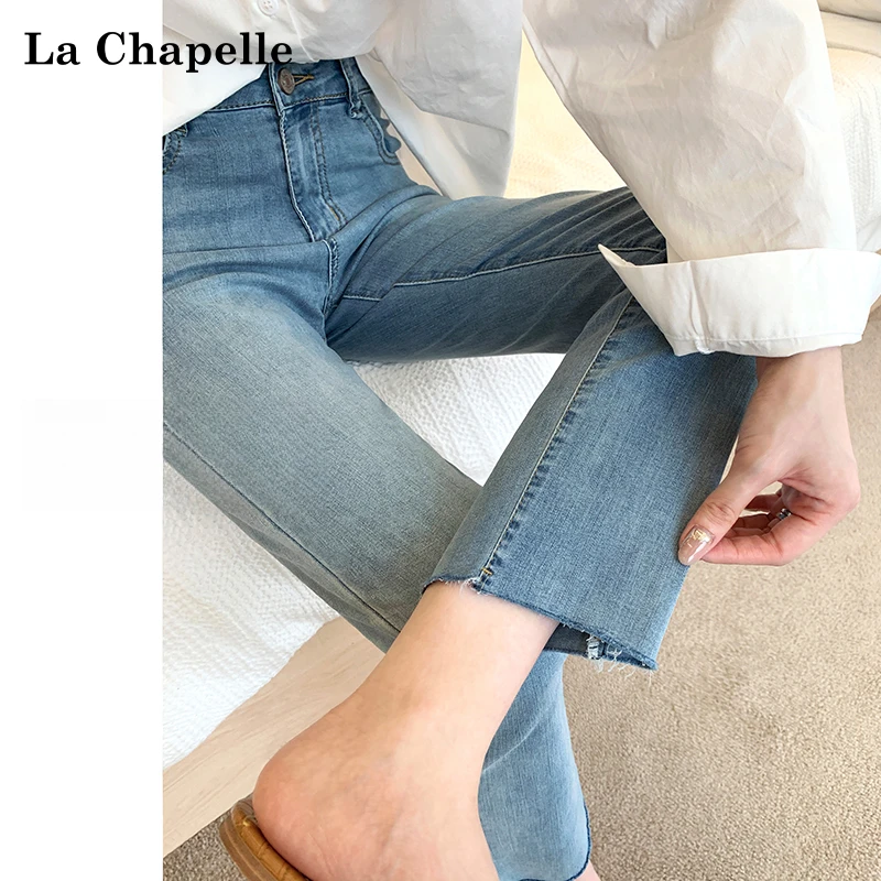 拉夏贝尔窄版高腰直筒牛仔裤女夏季2025薄款法棍小个子九分烟管裤