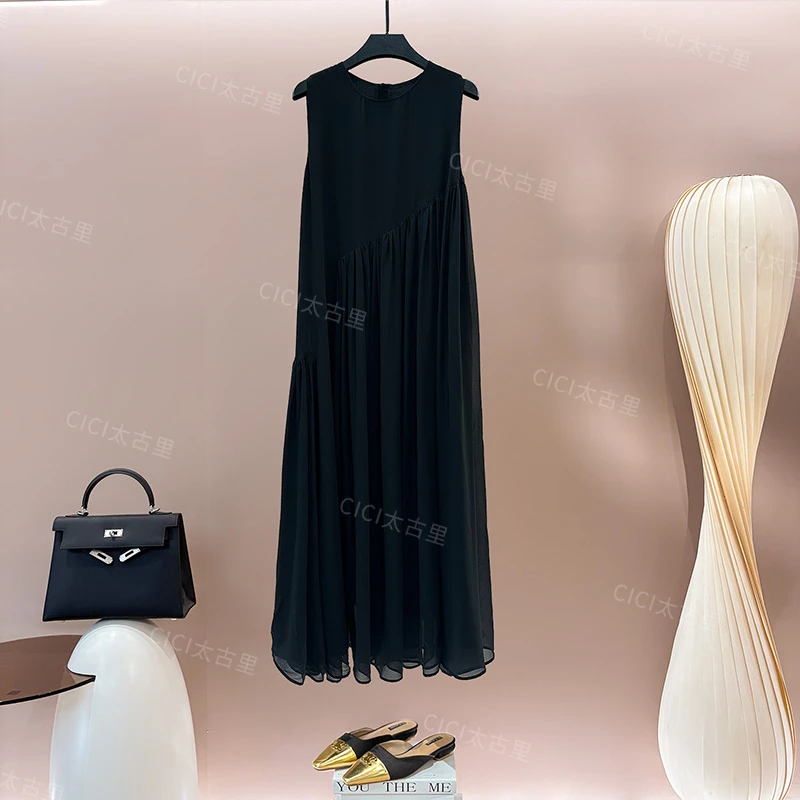 棕调雅褶 法式气质时尚高级感宽松显瘦无袖背心连衣裙LL-6000103