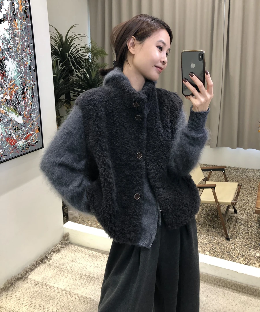 ^冬日开场^慵懒气质100羊毛奢华廓形小立领质感单排扣羊剪毛马甲