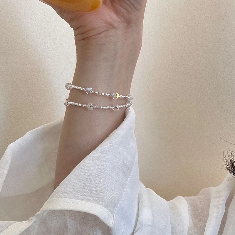 925银手链 925纯银不规则炫彩水晶碎银子手链女手工设计时髦手环