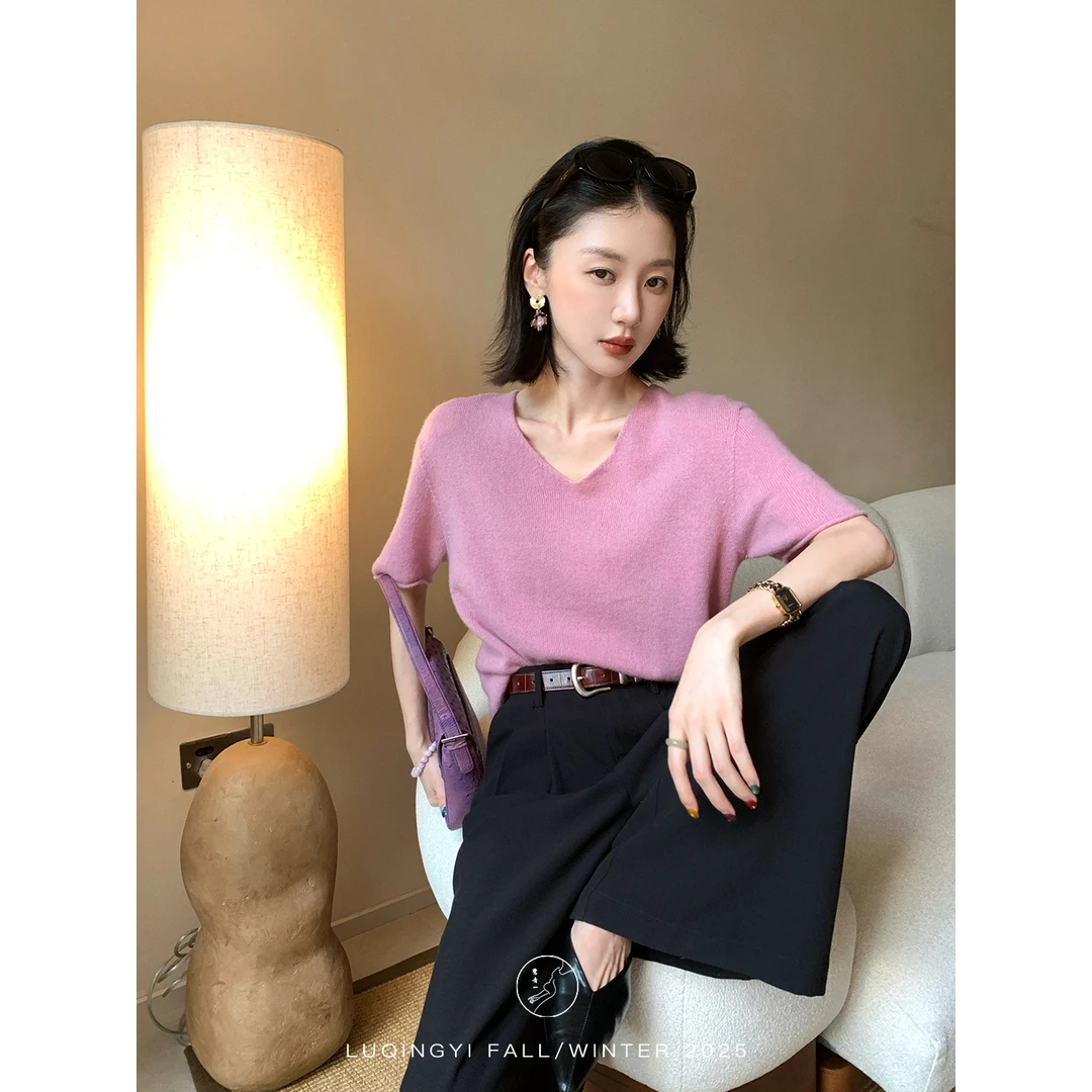 鹭青一原创【慕晴】无缝一体羊毛针织T恤女秋短袖上衣 L25M1100L