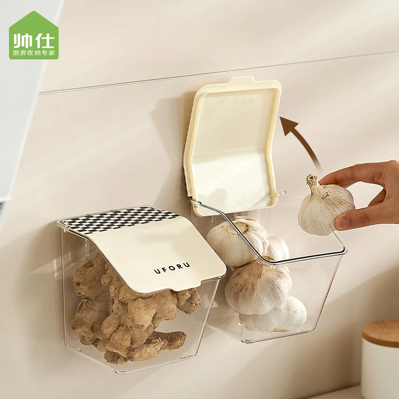 帅仕葱姜蒜收纳盒厨房调料架墙上壁挂带盖生姜大蒜收纳神器【达人】