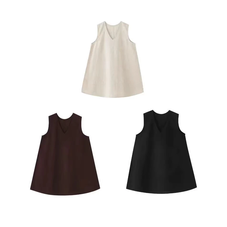 净边V领立体裁剪水洗天丝亚麻微阔弧形无袖背心女上衣