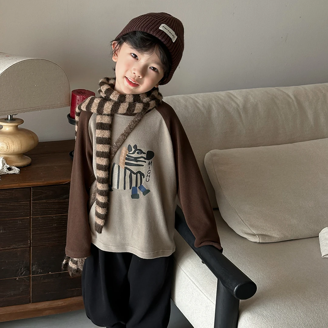 暮晨家新款2025男女童插肩袖卡通T中小童可爱洋气磨毛长袖打底衫