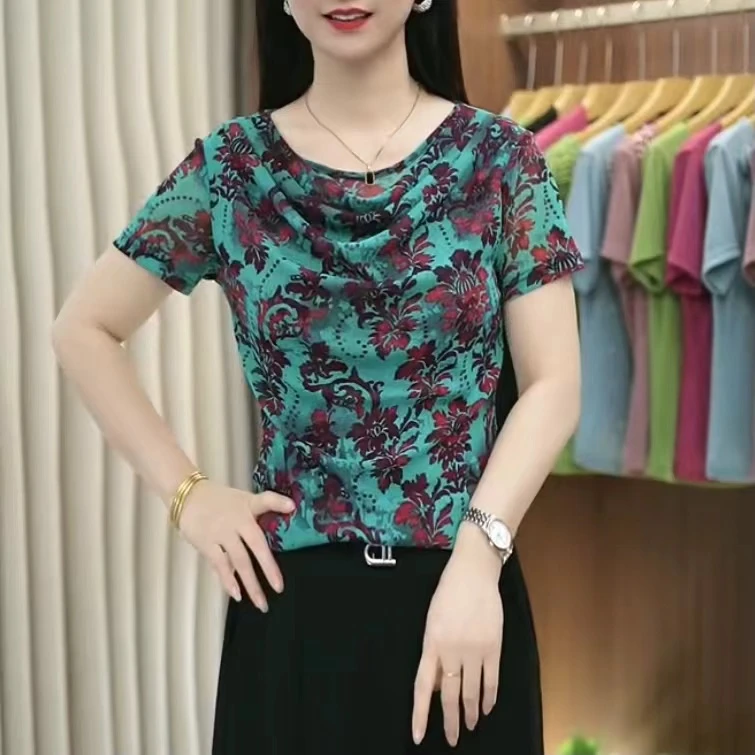 2025夏季时尚精品气质显瘦花色兜兜领网红百搭短袖T恤女士