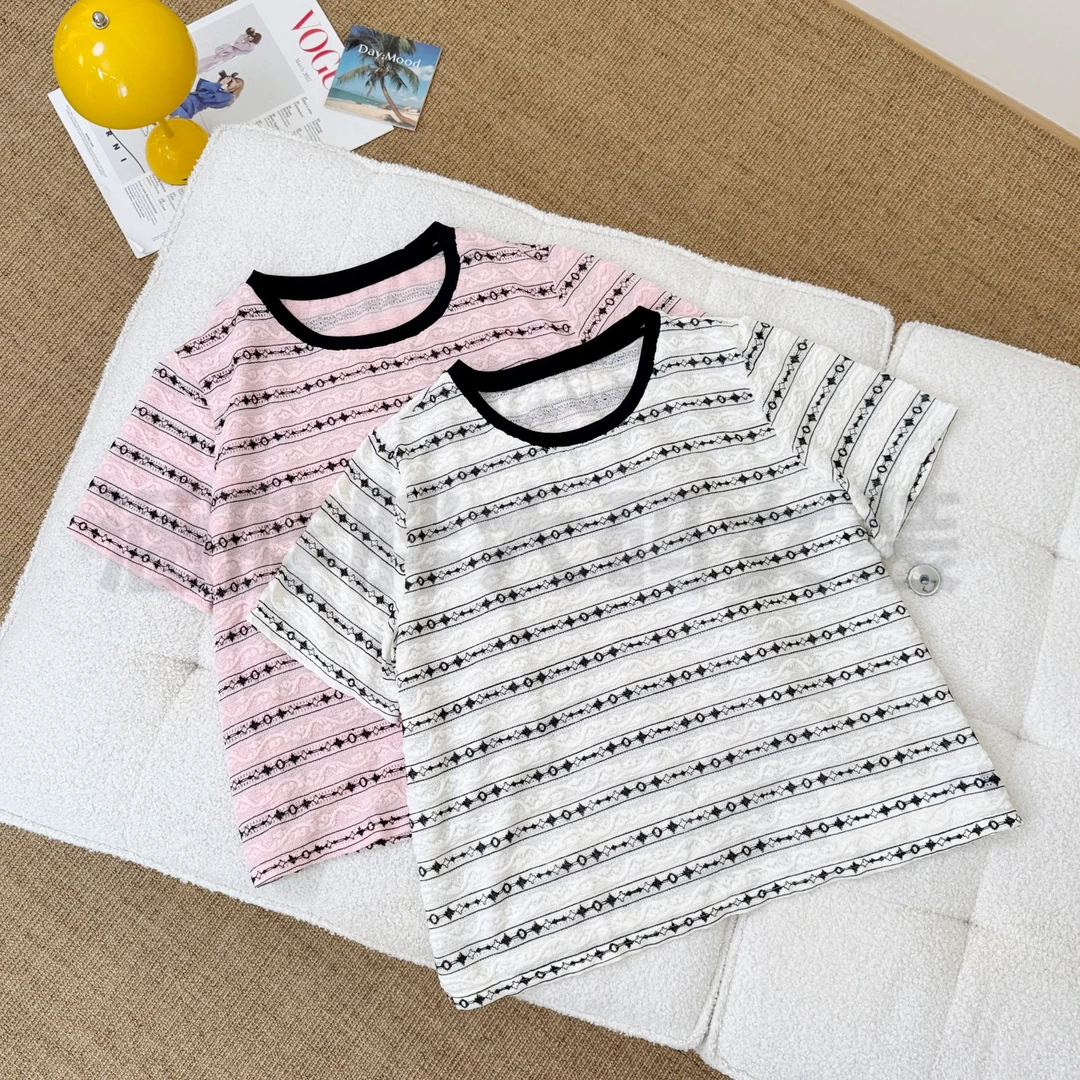 【涵胖胖】2025夏季胖mm大码复古条纹t恤撞色提花蕾丝上衣64615【B】