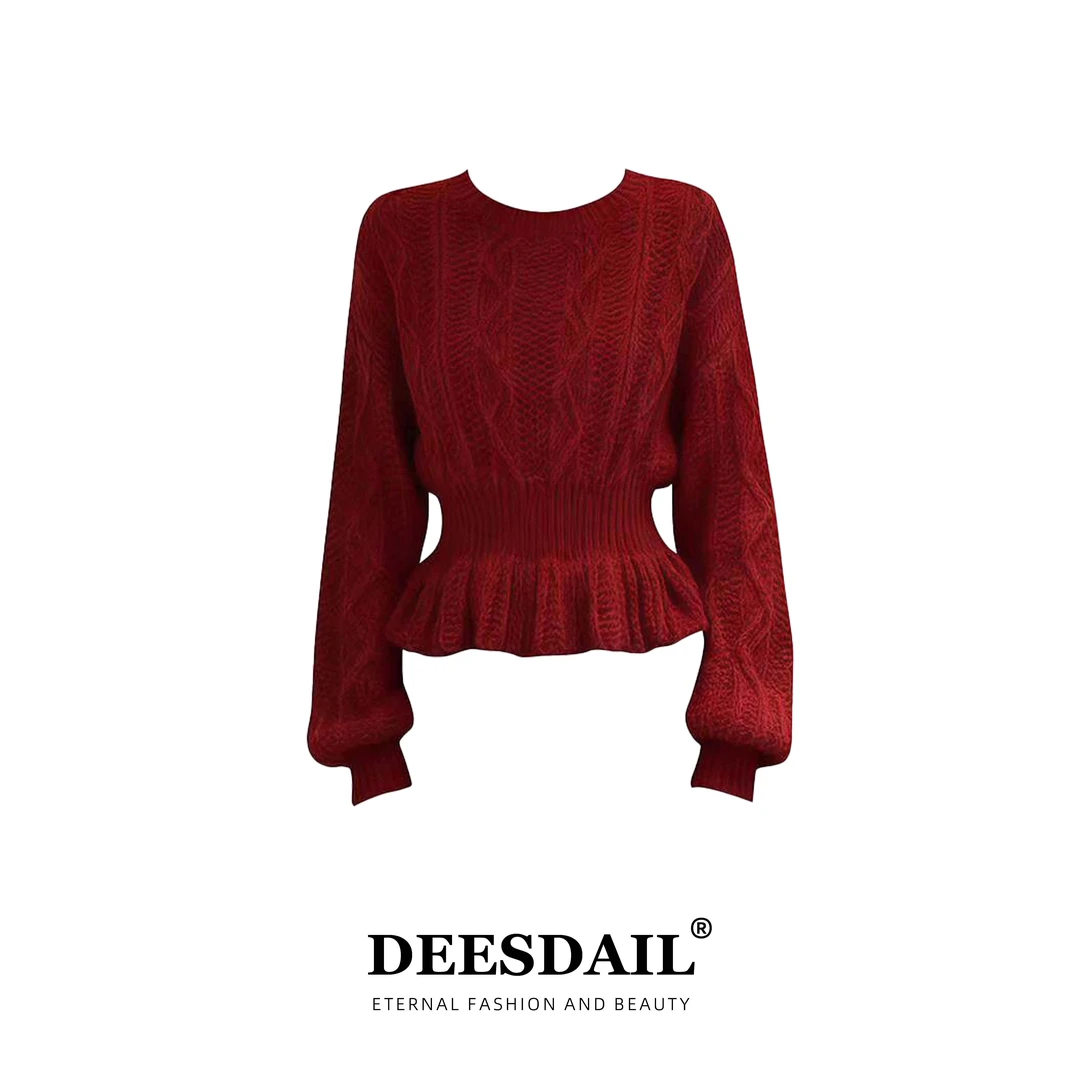 Deesdail冬季红色修身轻奢法式毛衣显瘦百搭收腰针织衫女A494