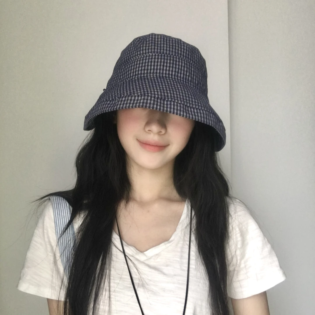 夏日简约派 小格子简约大气渔夫帽前长后短款
