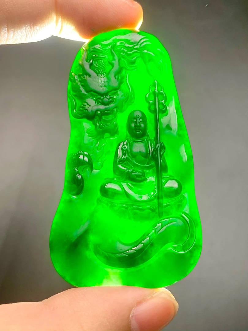 天然翡翠A货墨翠《地藏王菩萨》顺丰特快立体雕刻冰透精雕双面