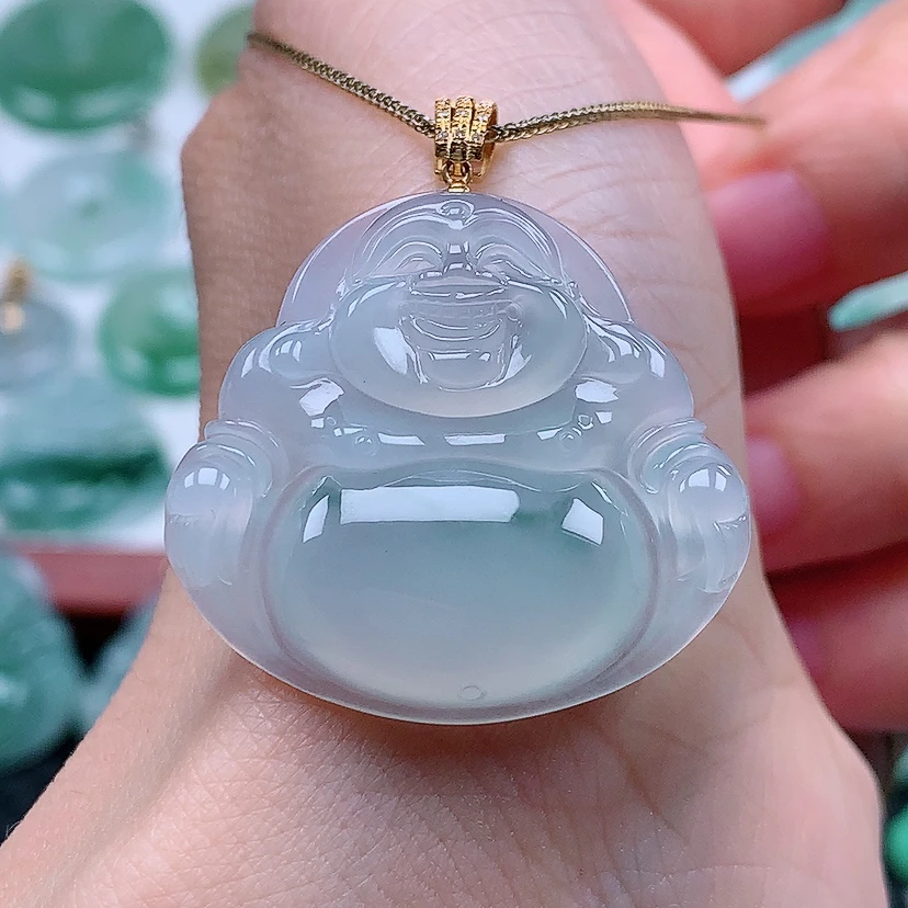 缅甸天然A货翡翠18k金镶嵌冰种飘花佛公吊坠（尺寸30.9*32.8*6.4）