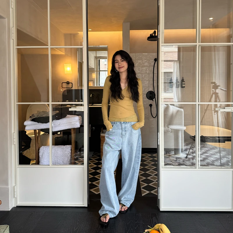 Seyora【蓝海冲浪板】欧若风复古直筒宽松阔腿牛仔裤 H36310SY52