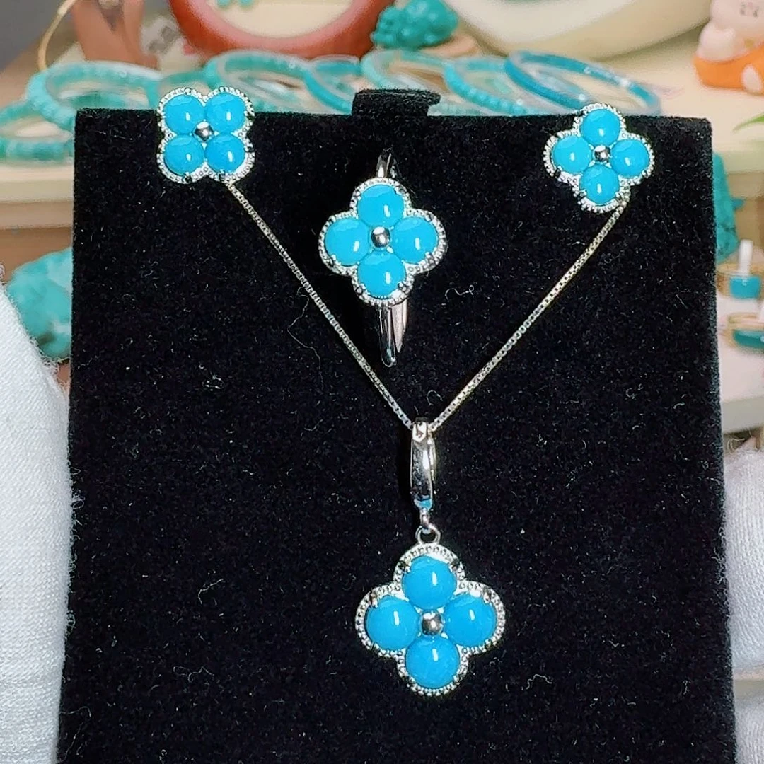 绿松石银S925镶嵌珠宝奇石暴暴蓝四叶草套装