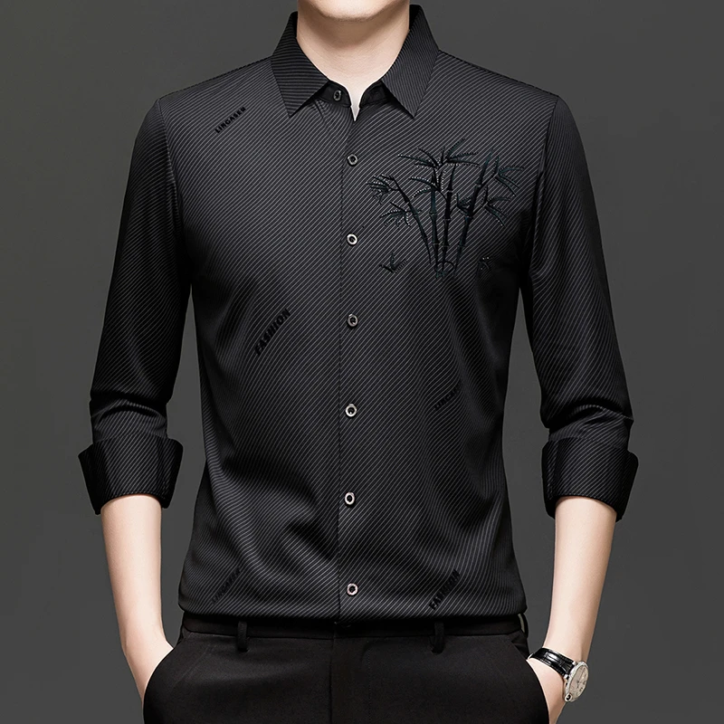 老爷车长袖衬衫男抗皱显瘦商务休闲植绒免烫无痕弹力衬衫春秋季25