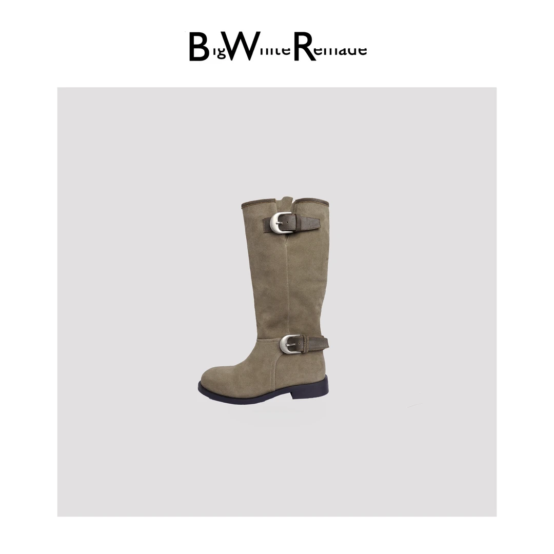 BIG WHITE REMADE“骑士靴”牛反绒+定制莱卡布圆头奢感女靴D6L111