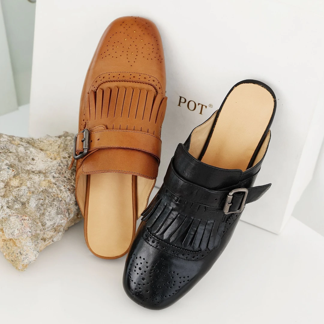 Inking Pot复古水洗马皮雕花包头拖鞋女英伦风平底流苏穆勒拖