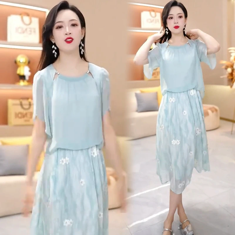 时尚连衣裙女2025夏季新款洋气减龄显瘦中长款假两件拼接长裙潮