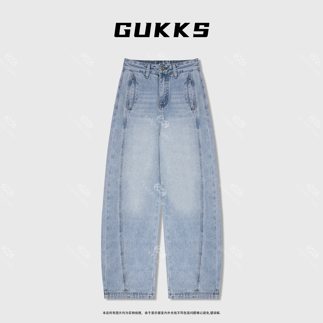 娜娜GUKKS//2025早春新款复古怀旧水设计高腰百搭显瘦弯刀牛仔裤