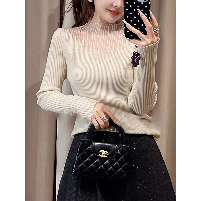 【浅浅专属】气质拼接网纱半高领烫钻针织打底衫女内搭显瘦长袖上衣