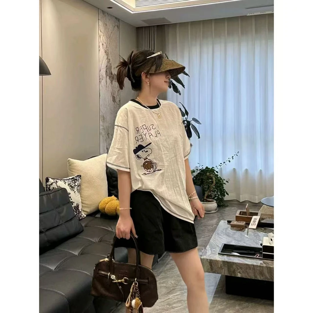 欧货S努比刺绣冰丝皱百搭显瘦中长款大衫（衣长84左右）