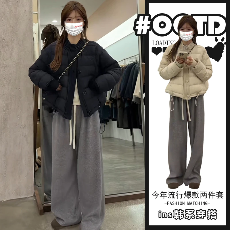 松弛感穿搭两件套装女冬季新款时尚保暖短款棉衣外套高腰休闲裤潮