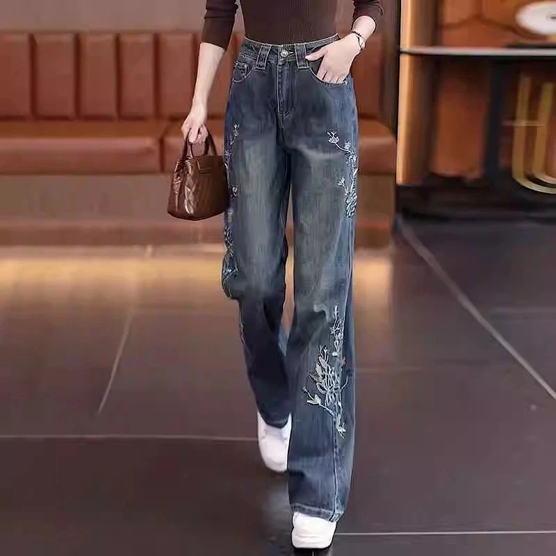 重工刺绣牛仔裤女2024秋季新款时尚高腰宽松显瘦窄版阔腿拖地裤子