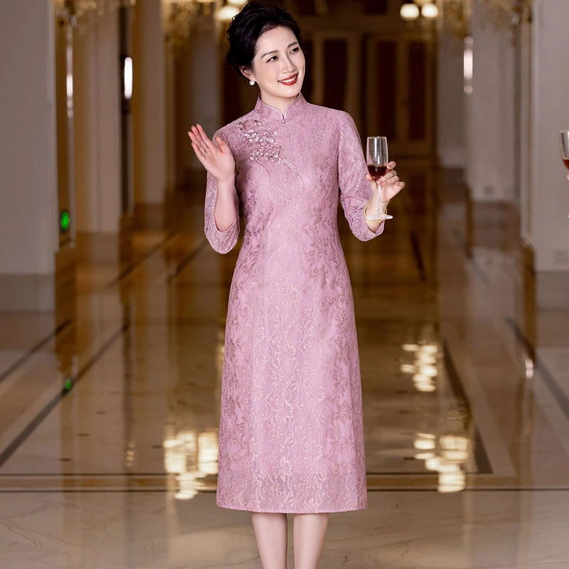 6836轻奢订婚中式旗袍礼服平时可穿新款高贵大气优雅喜婆婆婚宴装