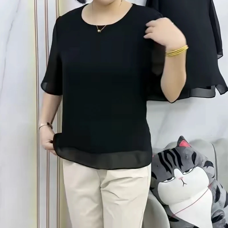 2025夏季新款时尚中年妈妈拼接蕾丝雪纺小衫气质减龄高档洋气女装