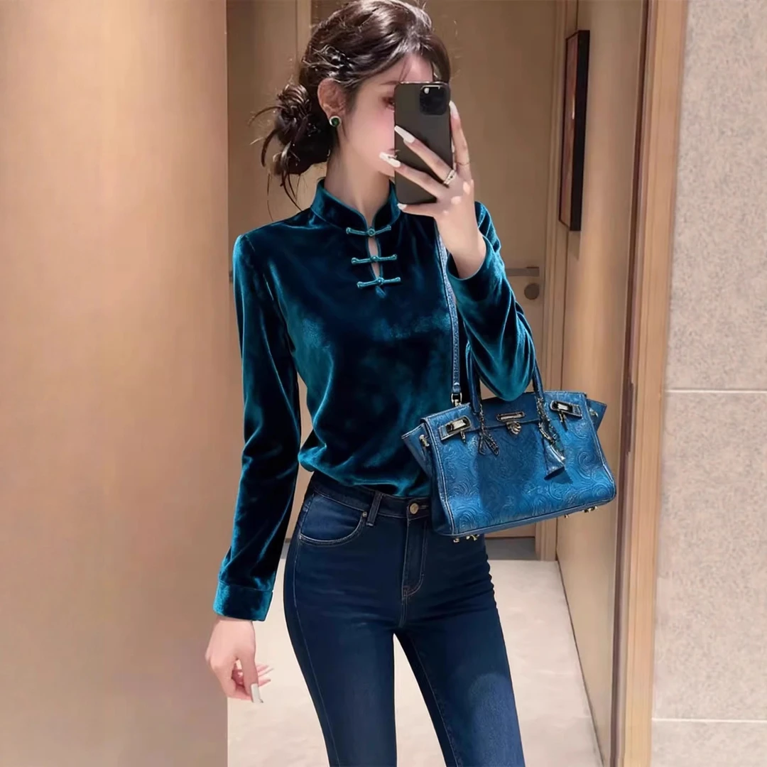 新中式国风丝绒上衣女秋冬盘扣立领高级感轻奢洋气百搭设计感衬衫