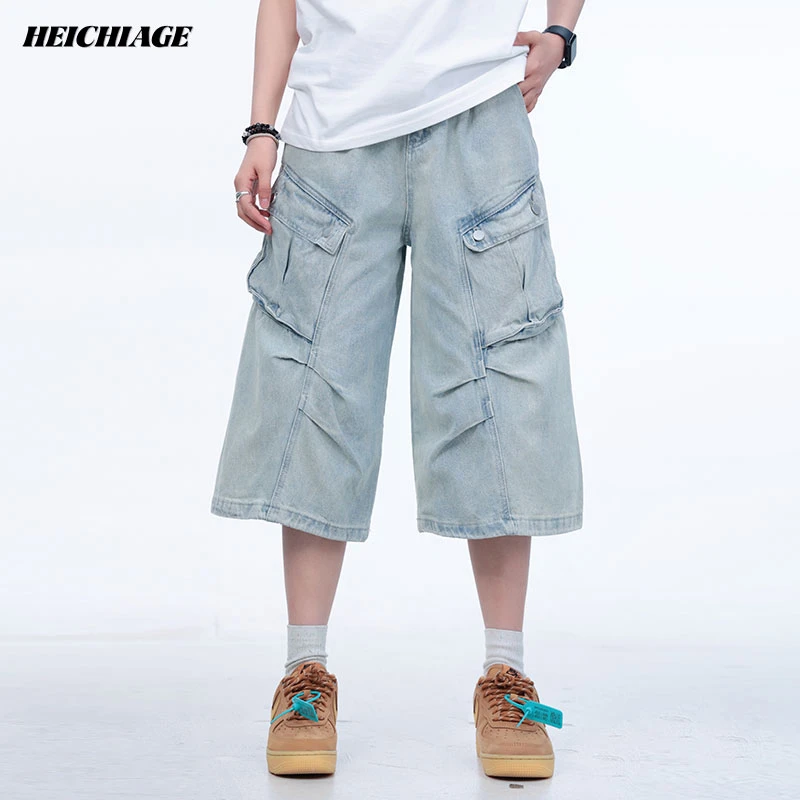 heichiage美式复古夏季褶皱大口袋牛仔裤男女水洗宽松阔腿七分裤