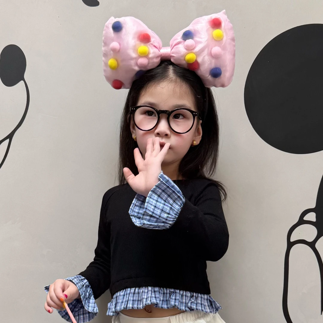 大金定制春季儿童新款女宝宝假两件黑拼蓝格子花边拼接长袖上衣