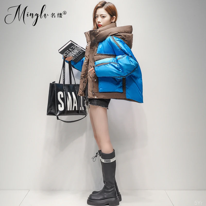 潮牌撞色羽绒服女短款2025冬季新款设计感小个子休闲防风加厚外套