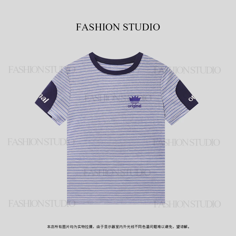 【小洁】2025春季 新款条纹拼色简约显瘦宽松圆领T恤短袖上衣097